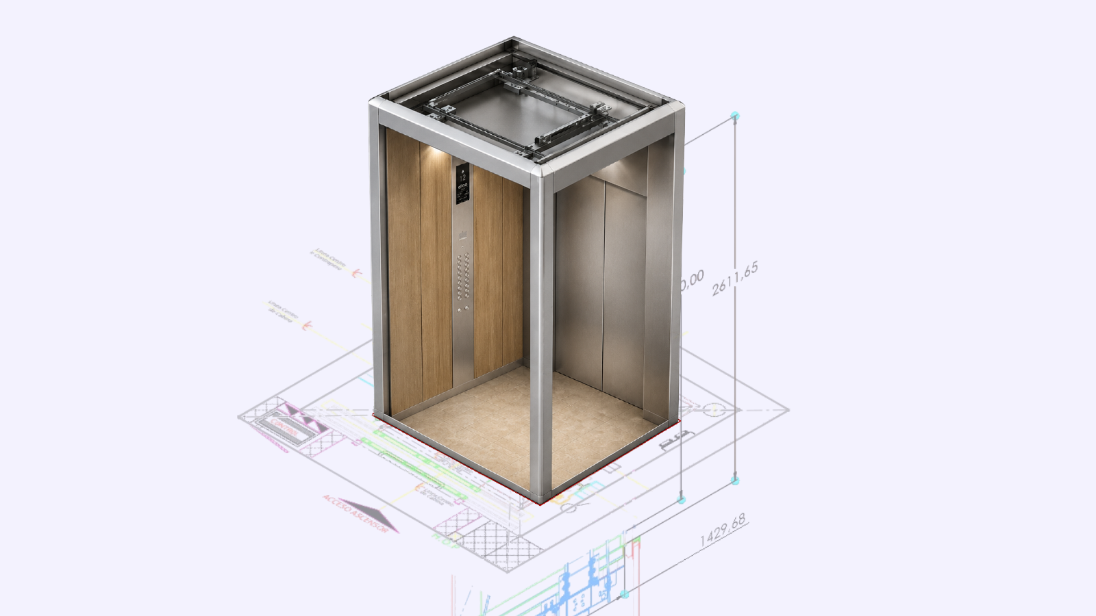 Modelo 3D de una cabina de ascensor Estilo con acabados de madera y metal, sobre sus planos